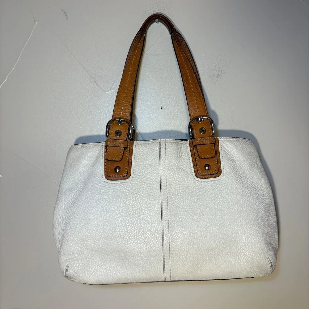 Coach White Pebbled Leather Soho Tote Bag‎ Tan Buckle Shoulder Bag Large Purse